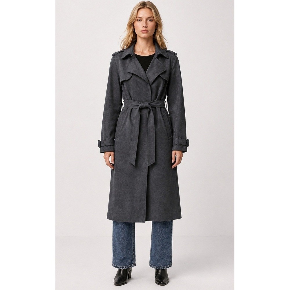 Magaschoni‎ Trench Coat Medium Gray Faux Suede Leather Belted Duster Jacket Long